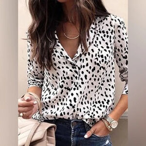 CBR Black White Abstract Polkadot Casual Button Down Shirt Collared Blouse Small